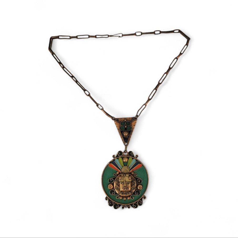Mexico Mecican Vintage Copper and Brass Green Enamel Aztec Pendant Necklace